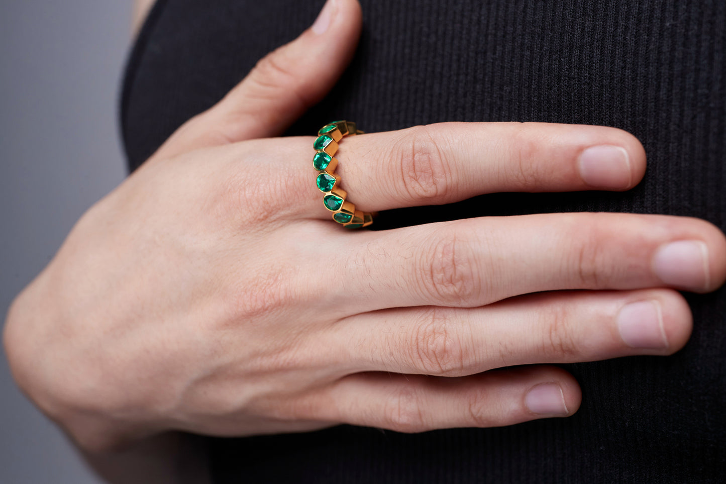 Tennis Ring with Lab-Grown Emeralds signed Miles Chamley-Watson